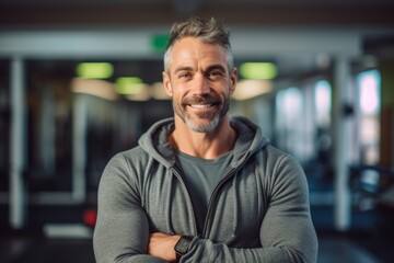 Portrait of smiling mature man with arms crossed at crossfit gym