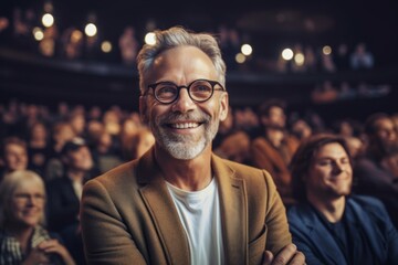 Obraz premium Medium shot portrait photography of a pleased man in his 50s that is wearing a chic cardigan against a crowded concert hall during a live performance background . Generative AI