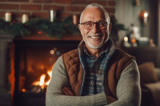 Portrait of a smiling senior man in front of fireplace at home