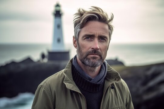 Portrait of a handsome mature man standing by the sea with a lighthouse in the background