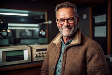 Portrait of senior man with eyeglasses standing in front of radio station