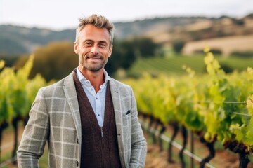 Medium shot portrait photography of a satisfied man in his 40s that is wearing a chic cardigan against a vineyard during a wine tasting event background .  Generative AI