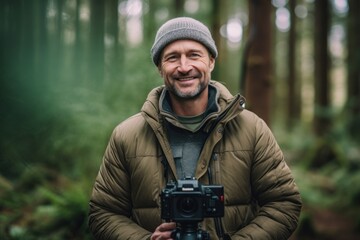Portrait of a smiling man in a forest with a camera.