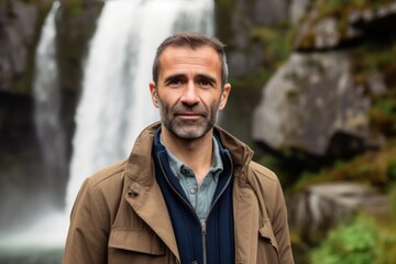 Portrait of a handsome man in front of a waterfall in Scotland