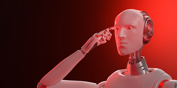 赤い光に照らされた思考するアンドロイド / AI開発の危険性とAIの暴走イメージ / A thinking android illuminated by a red light. Concept image of AI development risks and runaway AI. 3D rendered image.