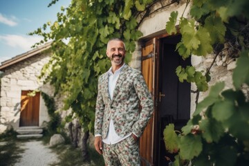 Elegant man in a suit and bow tie posing in the vineyard.