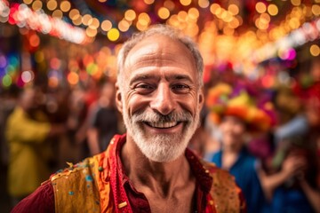 Obraz na płótnie Canvas Medium shot portrait photography of a satisfied man in his 50s that is wearing a chic cardigan against a lively brazilian carnival with performers background . Generative AI