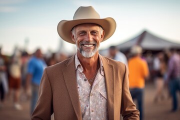 Portrait of a smiling senior man wearing hat and coat at outdoor festival