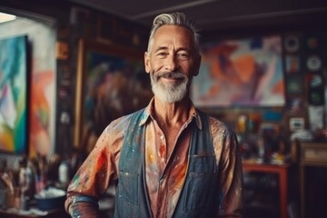 Medium shot portrait photography of a satisfied man in his 50s that is wearing a chic cardigan against a quiet painting studio with artists creating masterpieces background .  Generative AI