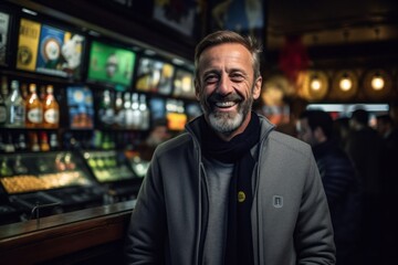 Portrait of a happy man standing in a pub, smiling and looking at the camera