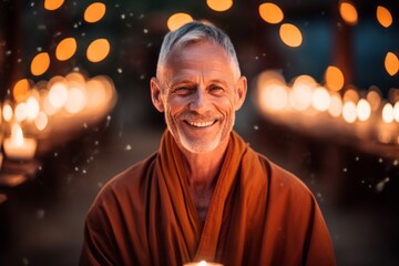 Medium shot portrait photography of a satisfied man in his 50s that is wearing a chic cardigan against a serene meditation retreat with monks and candles background .  Generative AI - obrazy, fototapety, plakaty