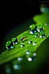Dewdrops on the surface of leaves.