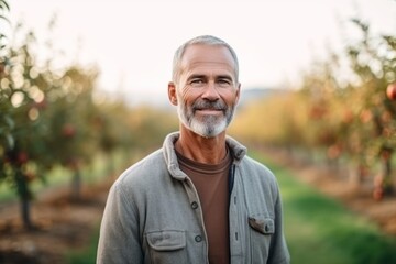 Portrait of a smiling senior man standing in an apple orchard