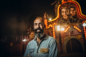 Portrait of an old man with a beard and mustache standing in front of a carousel at night