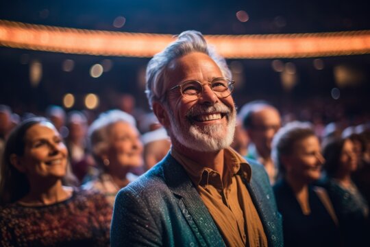Medium shot portrait photography of a satisfied man in his 60s that is wearing a chic cardigan against a crowded concert hall during a live performance background .  Generative AI