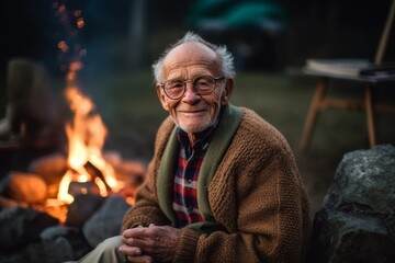 Portrait of an elderly man sitting by the campfire at night