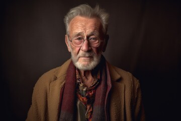 Portrait of an old man with grey hair and a red scarf