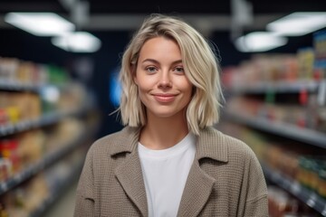 portrait of smiling woman looking at camera while standing in grocery store