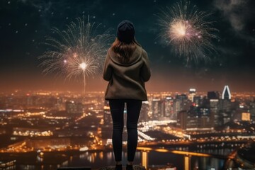 Fototapeta na wymiar Back view of young woman in winter coat looking at fireworks over night city