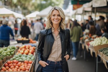 Beautiful blonde woman shopping at the local farmers market in the city.