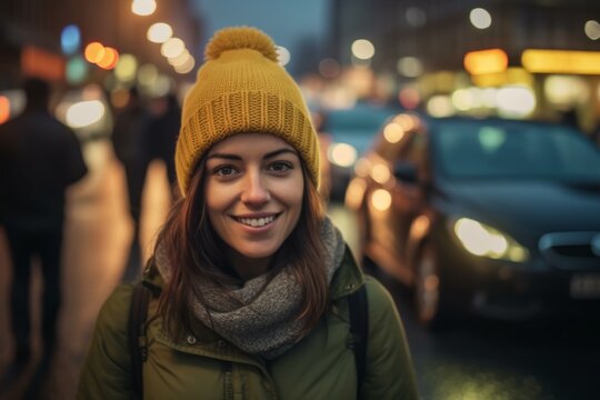 young beautiful hipster woman in the city at night in yellow hat and scarf