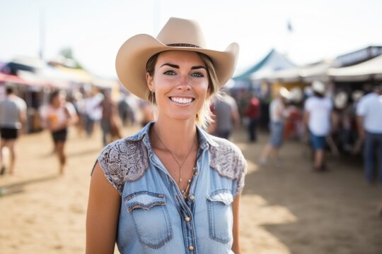 Portrait of smiling woman wearing cowboy hat at outdoor flea market