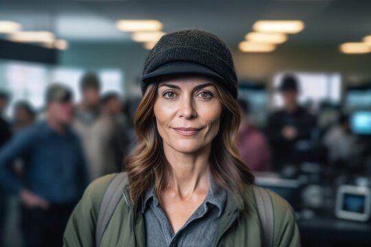 Portrait of smiling woman in cap looking at camera in security room
