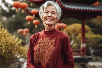 Obraz na płótnie Canvas Medium shot portrait photography of a satisfied woman in her 60s that is wearing a chic cardigan against a beautiful oriental garden with pagodas and bridges background . Generative AI
