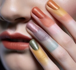 A young female model poses with a new, very colorful make-up, with her fingers painted in pastel shades. Ai generated.