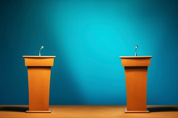 Empowering Democracy, A set with two empty lecterns awaits passionate debates in the political arena. AI Generated - obrazy, fototapety, plakaty