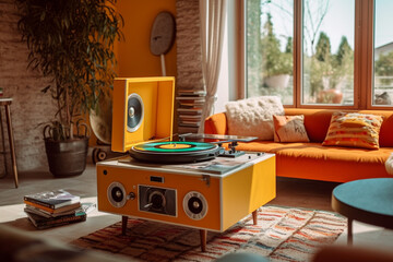 Illustration of a 1970s style living room with a record player. Generative AI. 