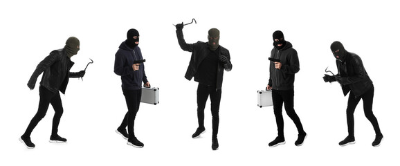 Collage with photos of man in balaclavas on white background - Powered by Adobe