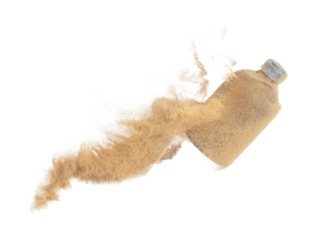 Cosmetic container white bottle fly splashing in mid air. Moisturizer lotion cream bottle explosion flying with sand powder dust under dry sun. White background isolated high speed shutter freeze