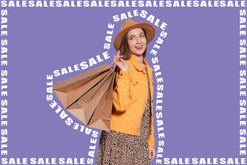 Stylish young woman with shopping bags and words Sale on violet background