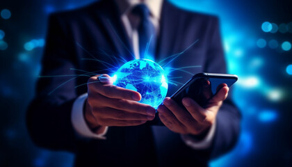 Business man holding the small world in his hands, glowing globe, business and future technology concept - closeup of businessman's hand showing earth globe