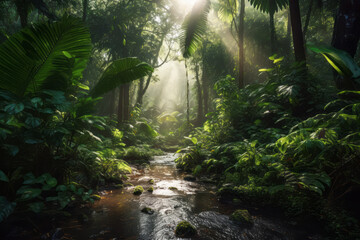 rain forest in the morning with stream