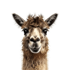 Close up of a llama face shot isolated on white background, Transparent cutout