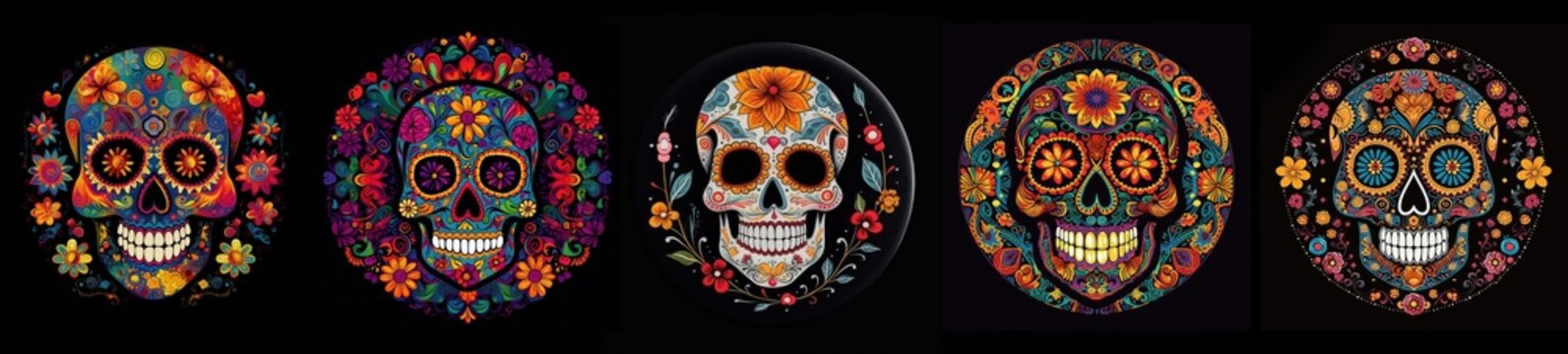 Group of 5 colorful Day of the Dead Sugar Skull mandalas.  On a black background.  Abstract illustration created with Generative AI technology. 