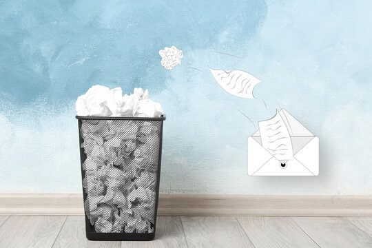 Illustration of spam removing. Drawn sheets flying from envelope into bin