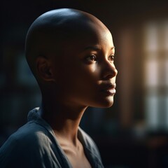 A bald African American woman who is a cancer patient. This is not a real person, generative AI.  - obrazy, fototapety, plakaty
