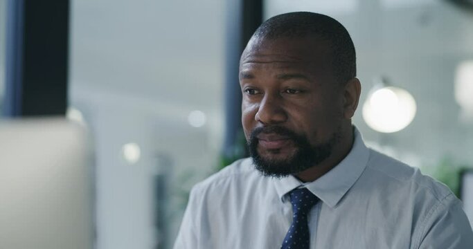 Black man in business, vision problem and headache with tired businessman working late and corporate burnout. Stress, migraine and male professional remove glasses with focus fail and brain fog