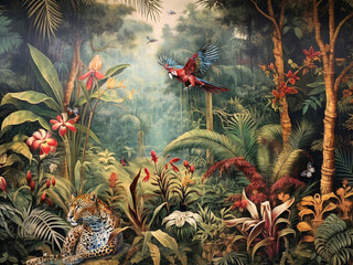 wallpaper jungle and leaves tropical forest mural parrot and birds butterflies old drawing vintage background - Generative AI - obrazy, fototapety, plakaty