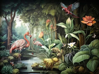 Foto op Canvas wallpaper jungle and leaves tropical forest mural flamingo and birds old drawing vintage background - Generative AI © wall art