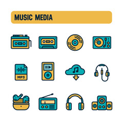 Music media icons. Music player vector set. Color icon design. Cassette, Vinyl, Mp3.
