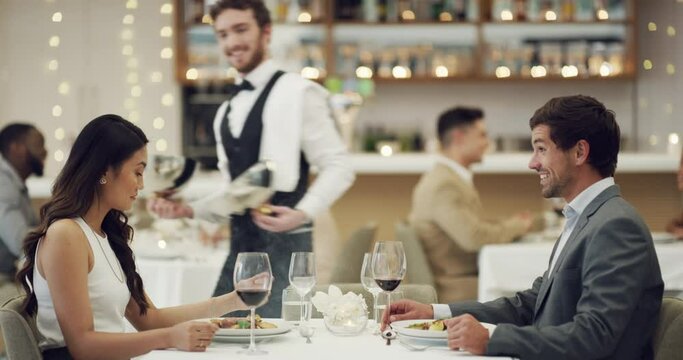 Toast, waiter with food or couple in restaurant to celebrate a happy marriage anniversary on dinner night. Serve, romantic man or woman fine dining, drinking or cheers on wine date on valentines day