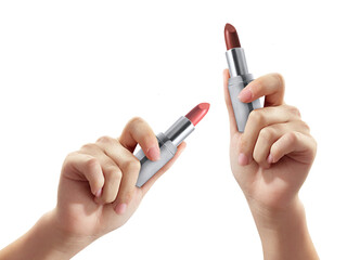 Woman holding lipstick, transparent background