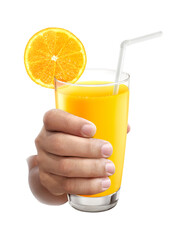 Young man holding orange juice transparent background