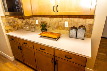Kitchen Counter Top With Decorator Items And Glass Vases