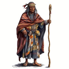 Generative AI Clipart of Indigenous Inca man, wearing simple robes , old shaman with wisdom and staff