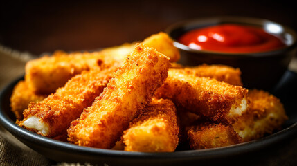 Fototapeta premium A platter of crispy mozzarella sticks, with a golden - brown breadcrumb coating, served with a tangy marinara sauce for dipping, generative ai